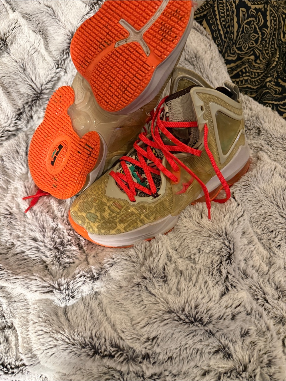 Gold Basketball Sneakers with Bright Orange Soles and Red Laces
